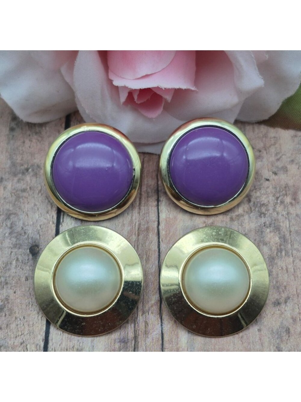 VTG 80's Lot of 2 Pierced Button Earrings 1" Domed Gold Tone Purple & Faux Pearl